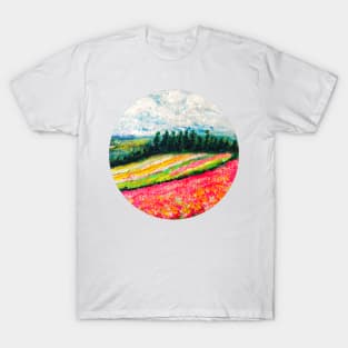 pink flower field and blue sky scenery T-Shirt